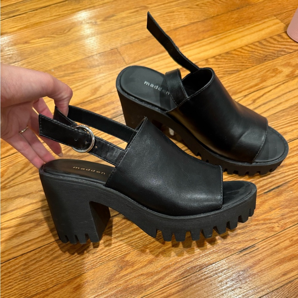 Madden Girl Chunky Black Platform Slingback Heels